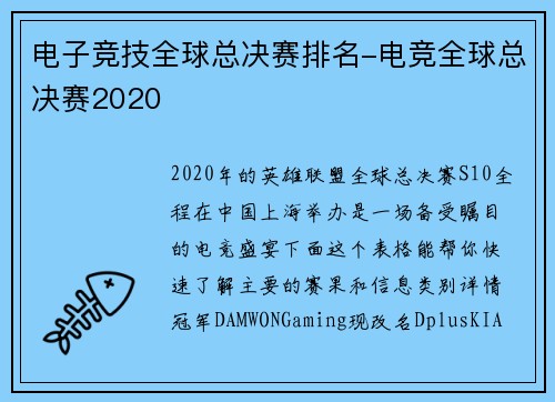 电子竞技全球总决赛排名-电竞全球总决赛2020